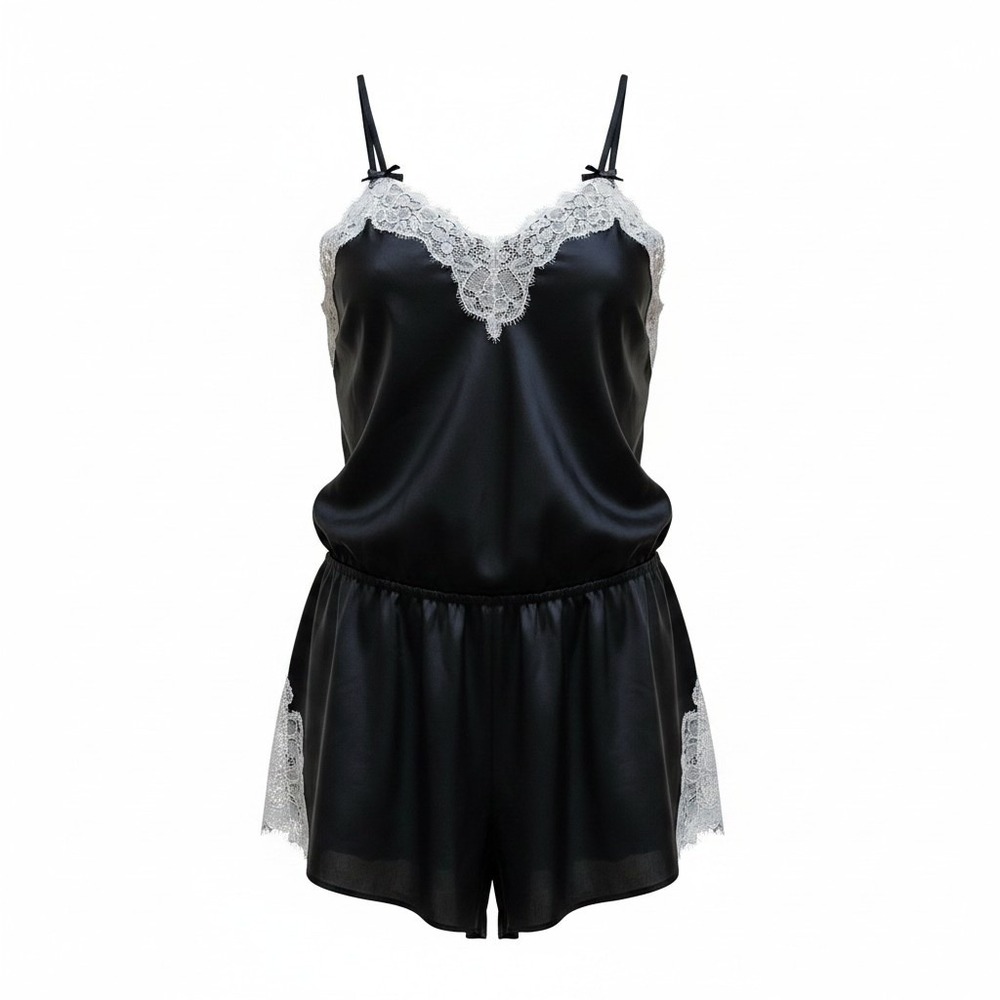 Kate Spade New York Dream a Little Dream Black Satin Lace Trim Romper Womens M